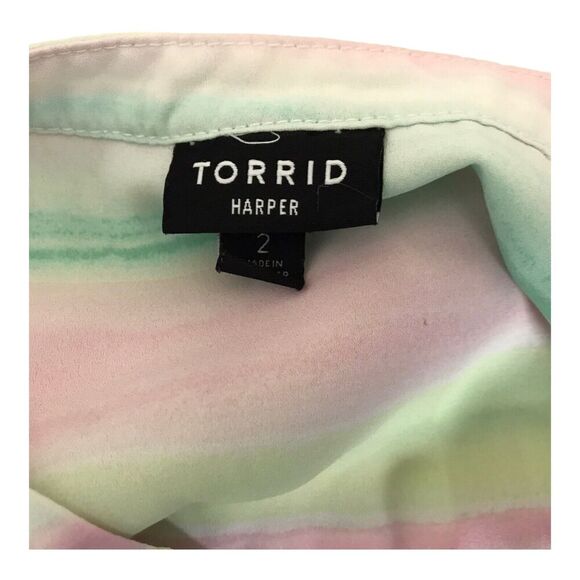 Torrid Harper Georgette Top Size 2 Pastel Stripe 3/4 Sleeve Roll Tab Sheer Tunic - Picture 8 of 13